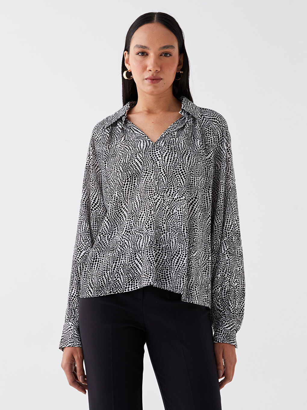 Shirt Neck Patterned Long Sleeve Viscose Women's Blouse-1