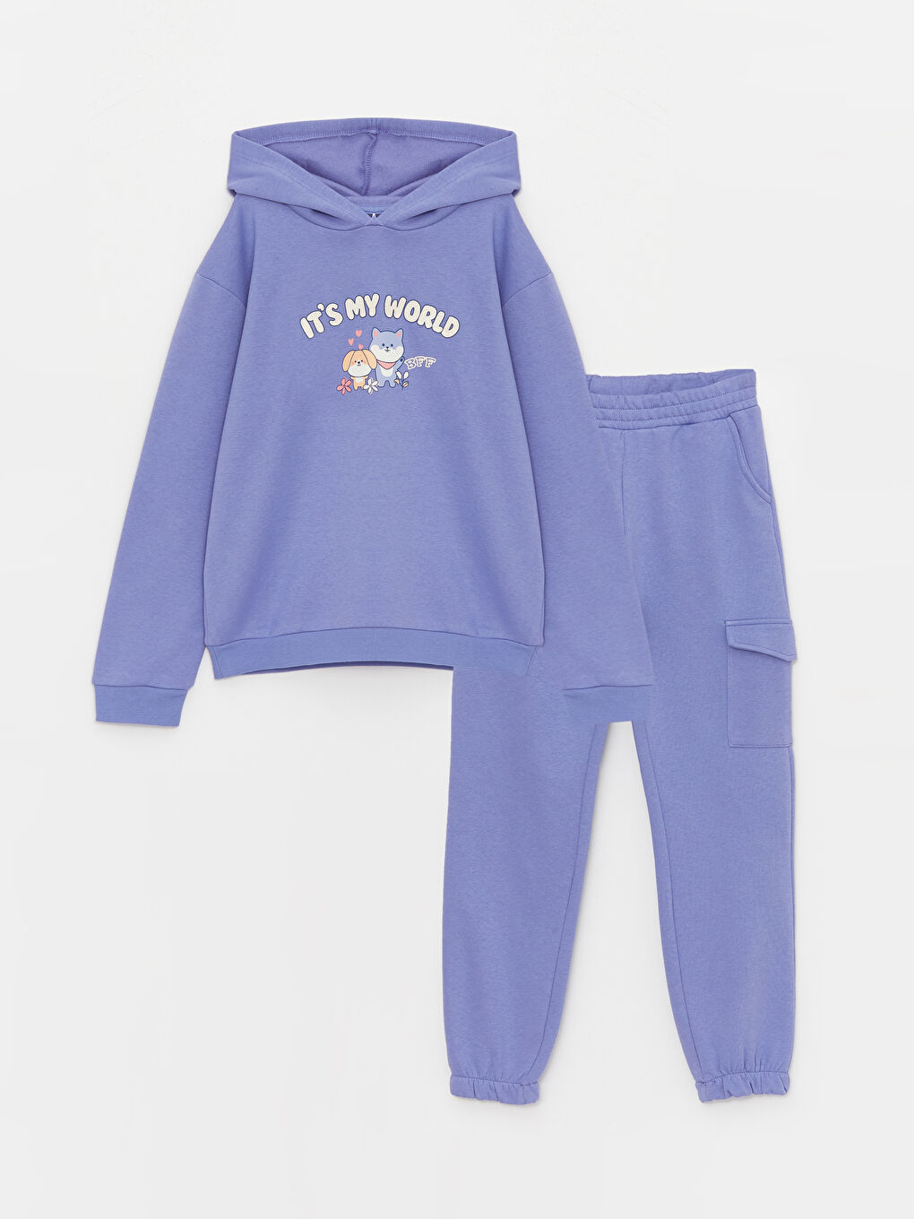 Lila Kapüşonlu Baskılı Uzun Kollu Kız Çocuk Sweatshirt ve Eşofman Altı