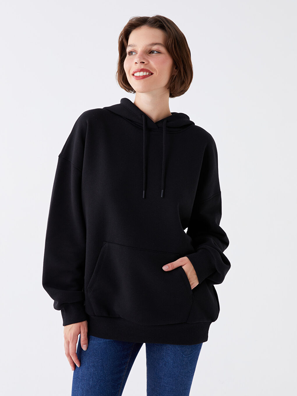 LCW Vision Yeni Siyah Düz Oversize Kadın Hoodie