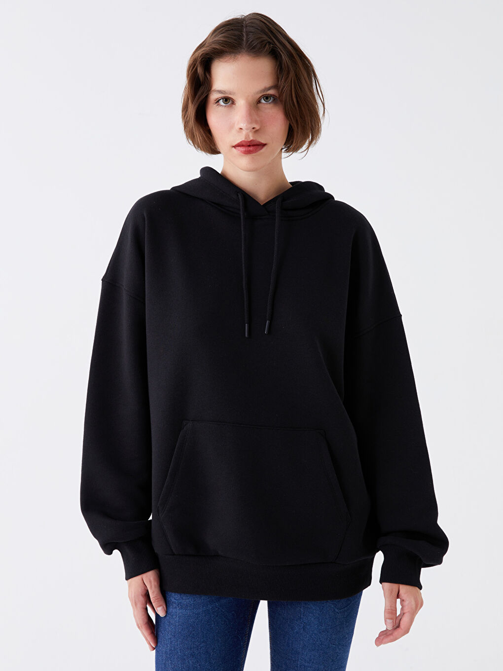 LCW Vision Yeni Siyah Düz Oversize Kadın Hoodie - 1