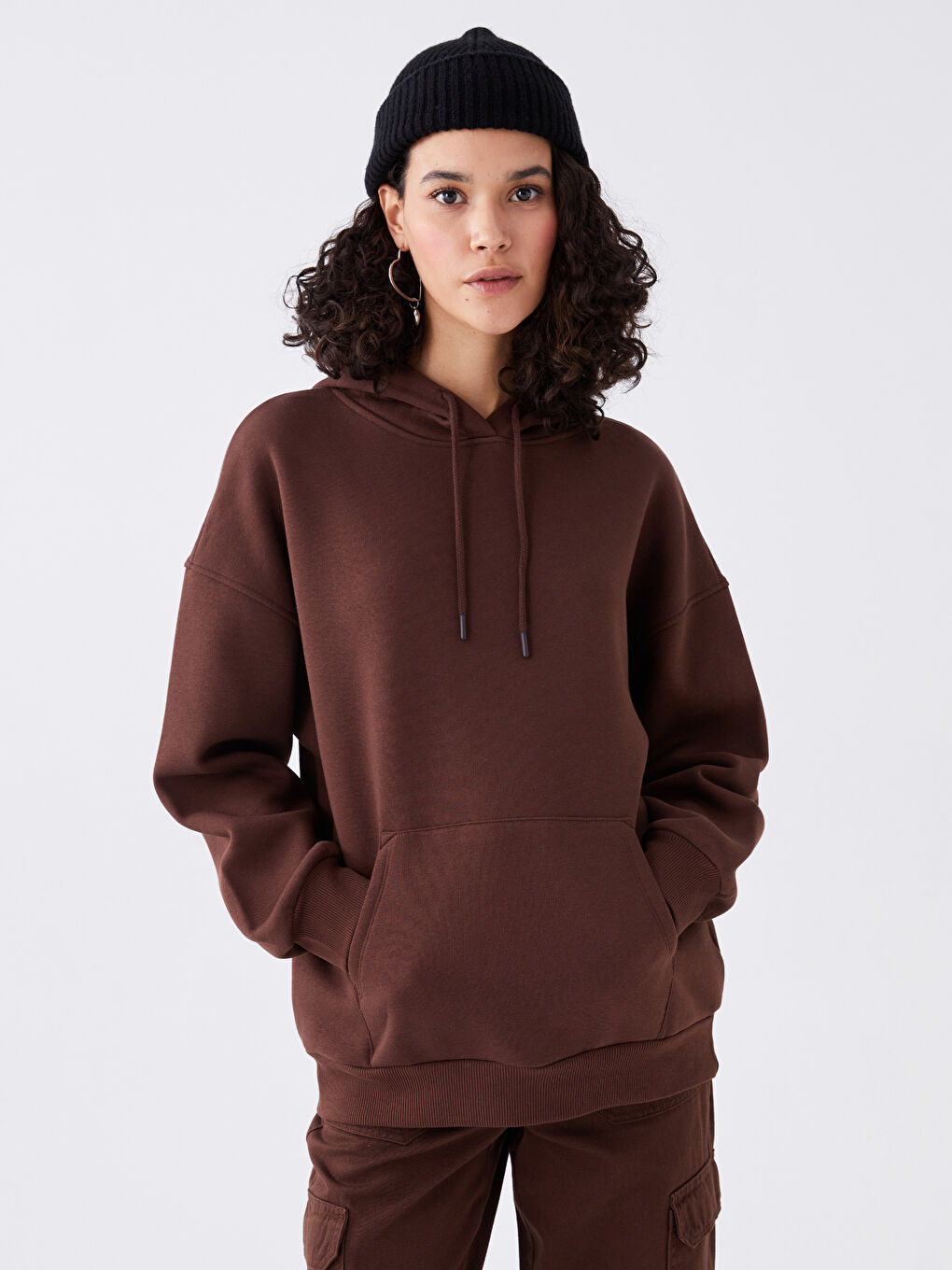 LCW Vision Çikolata Kahve Düz Oversize Kadın Hoodie