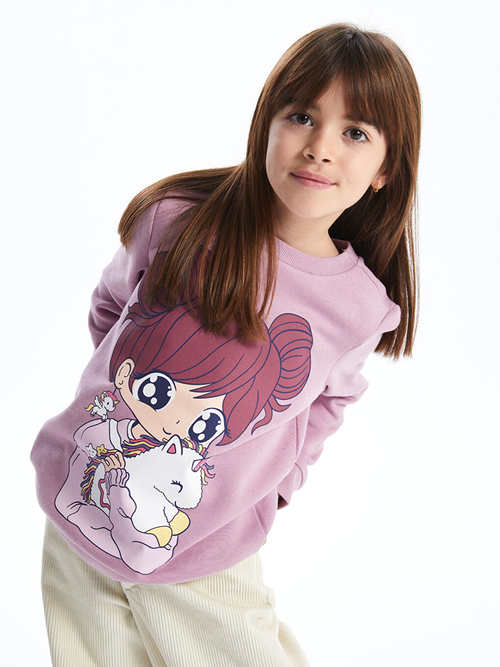 LCW Kids Mat Lila Bisiklet Yaka Baskılı Uzun Kollu Kız Çocuk Sweatshirt