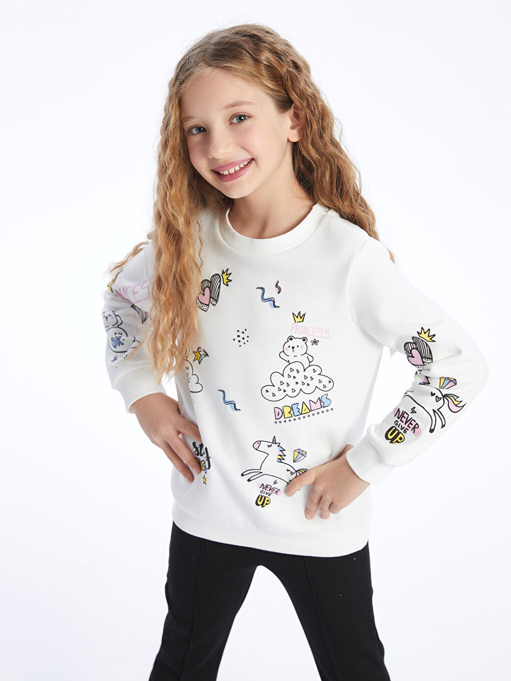 Ekru Bisiklet Yaka Baskılı Uzun Kollu Kız Çocuk Sweatshirt