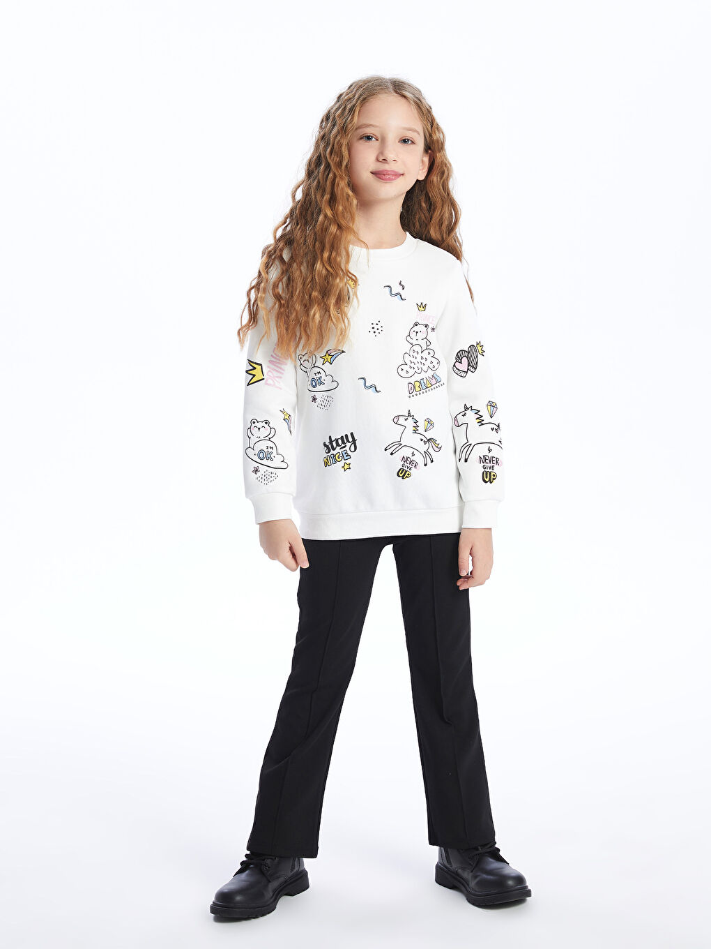 Ekru Bisiklet Yaka Baskılı Uzun Kollu Kız Çocuk Sweatshirt-1