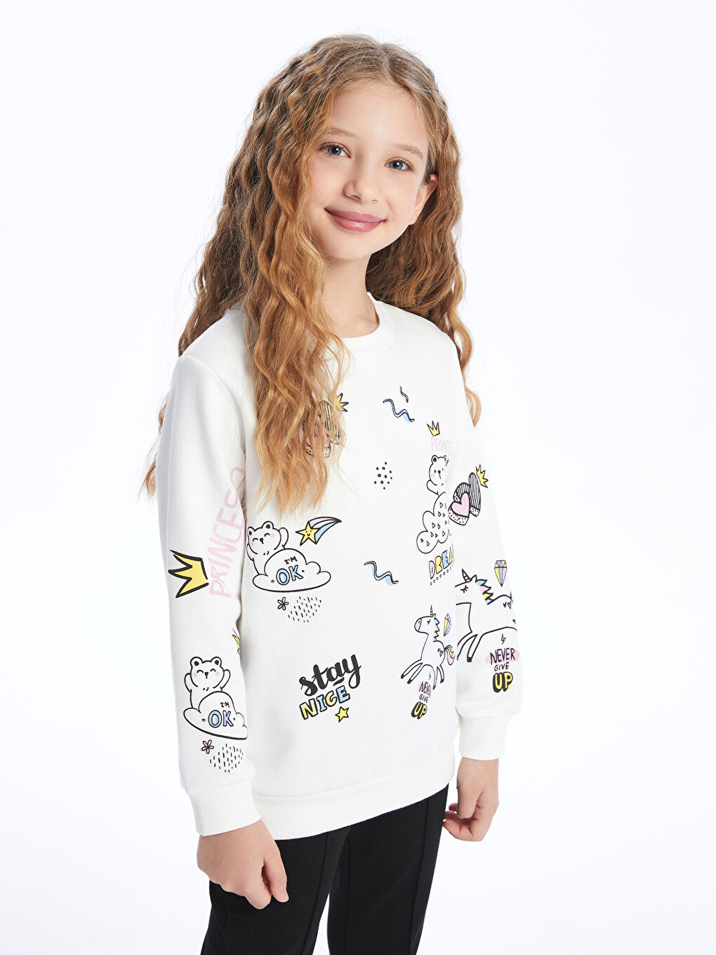 Ekru Bisiklet Yaka Baskılı Uzun Kollu Kız Çocuk Sweatshirt-2