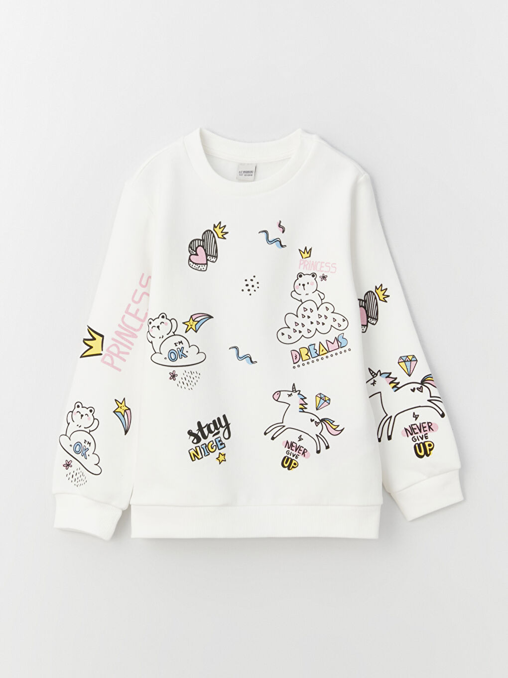 Ekru Bisiklet Yaka Baskılı Uzun Kollu Kız Çocuk Sweatshirt-3