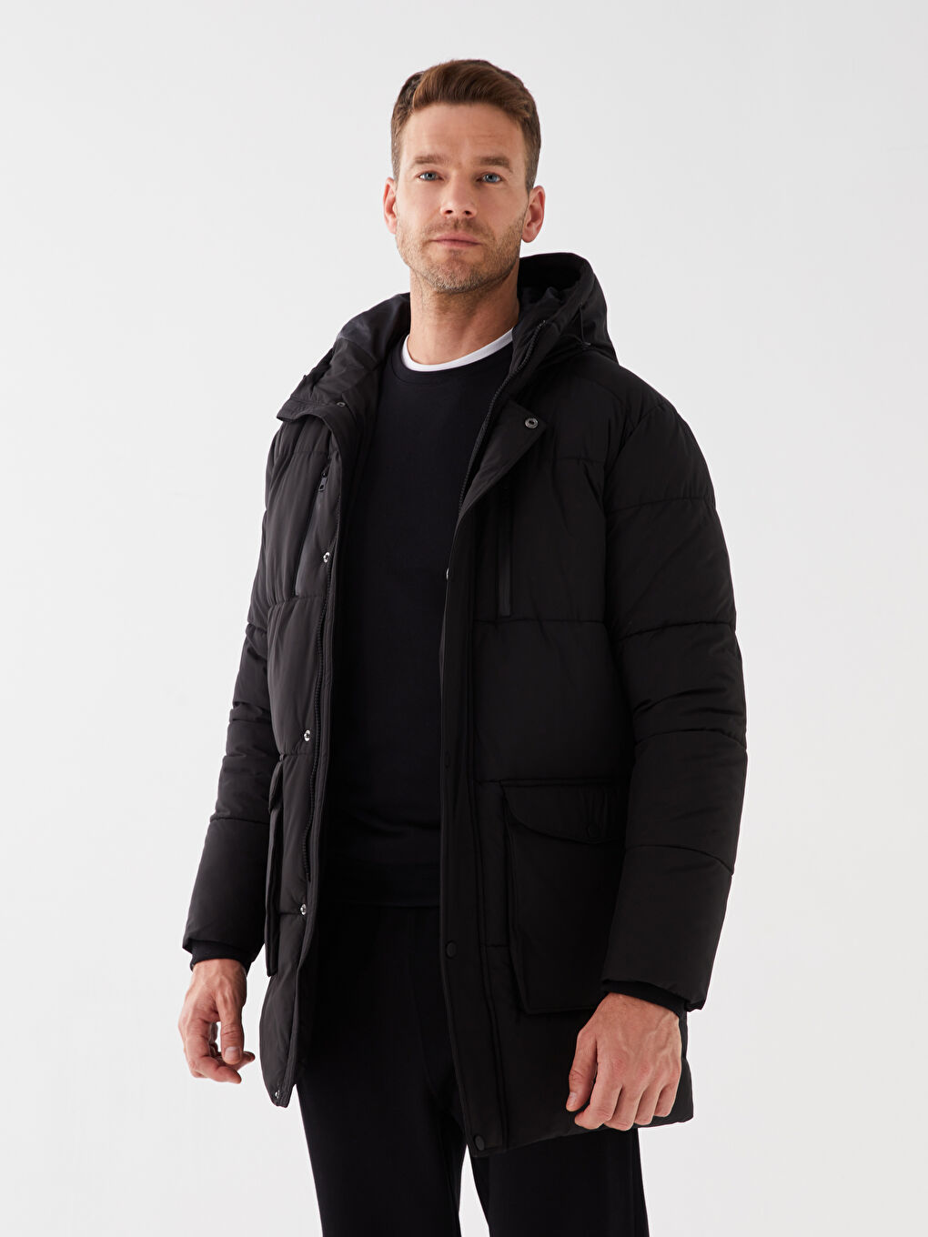 Ерлерге арналған стандартты пішім капюшонды пуховик пальто