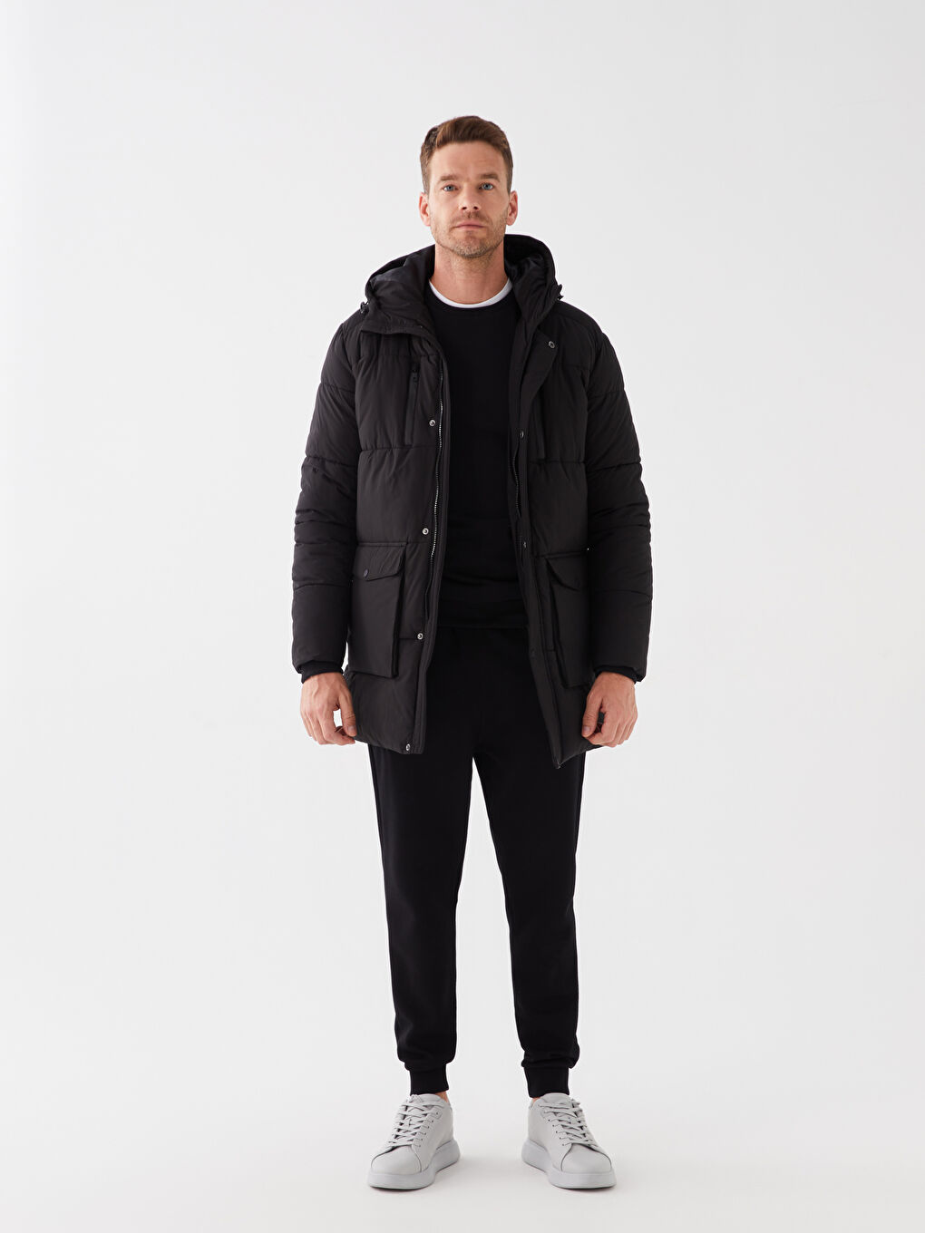 Ерлерге арналған стандартты пішім капюшонды пуховик пальто-2