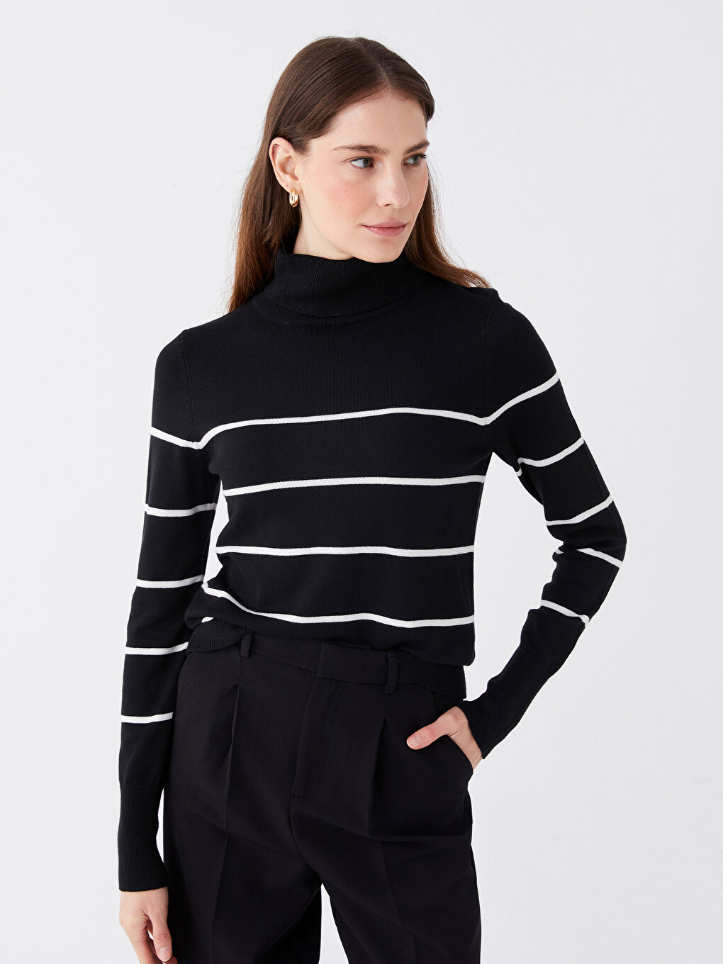 Turtleneck Striped Long Sleeve Women's Tricot Sweater