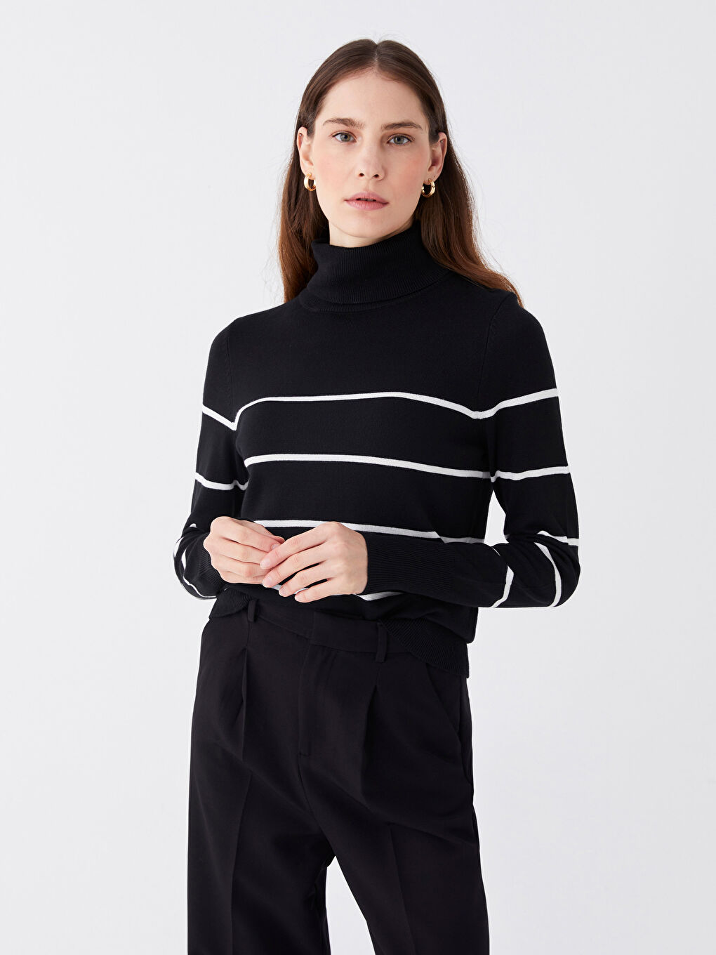 Turtleneck Striped Long Sleeve Women's Tricot Sweater-1