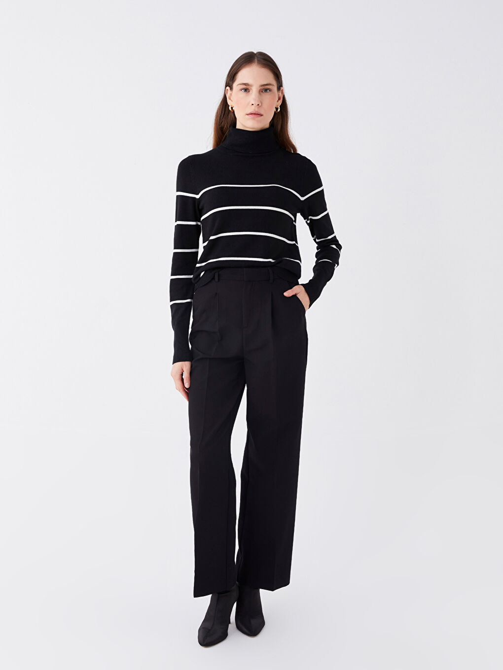 Turtleneck Striped Long Sleeve Women's Tricot Sweater-2