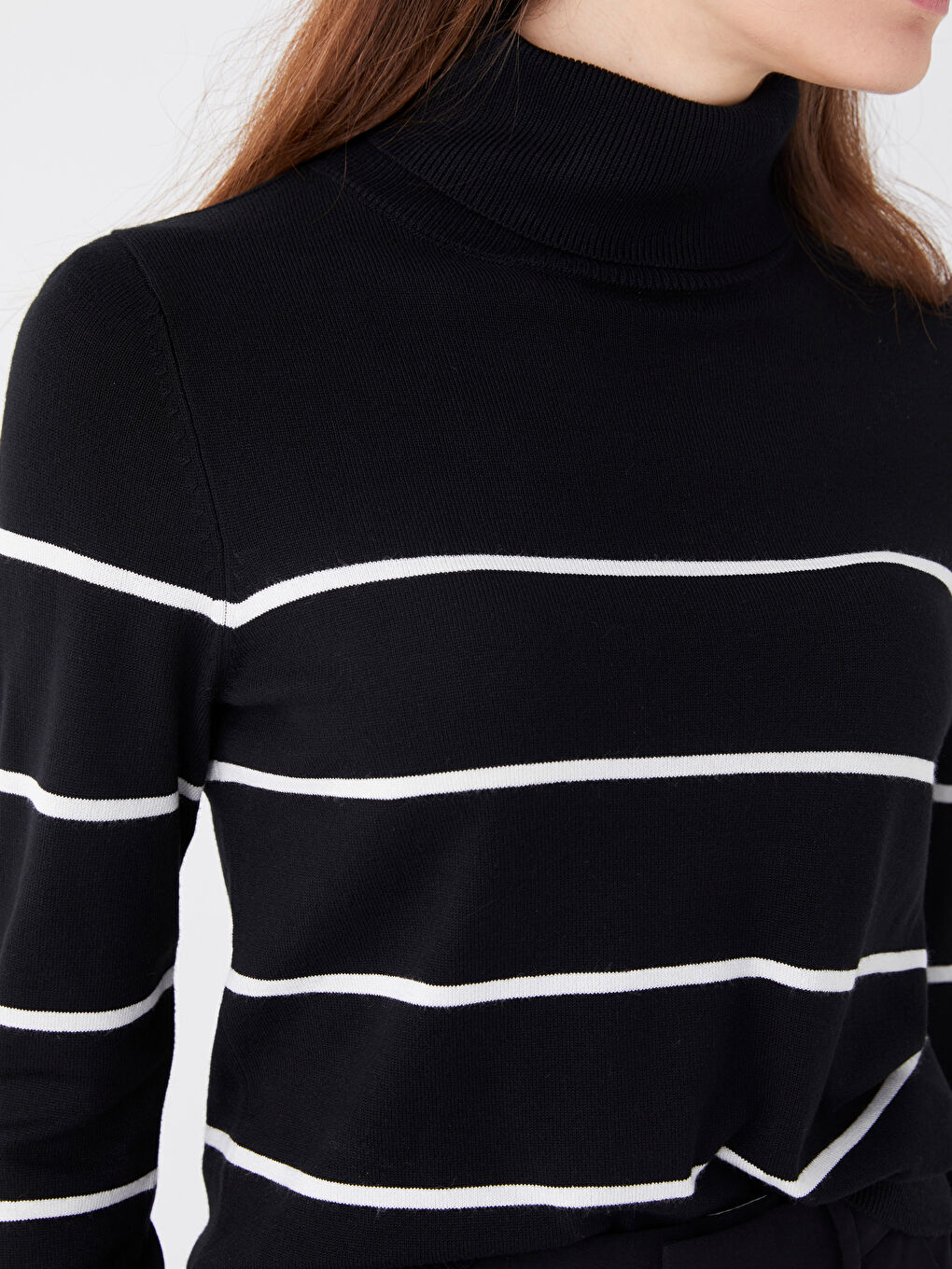 Turtleneck Striped Long Sleeve Women's Tricot Sweater-3