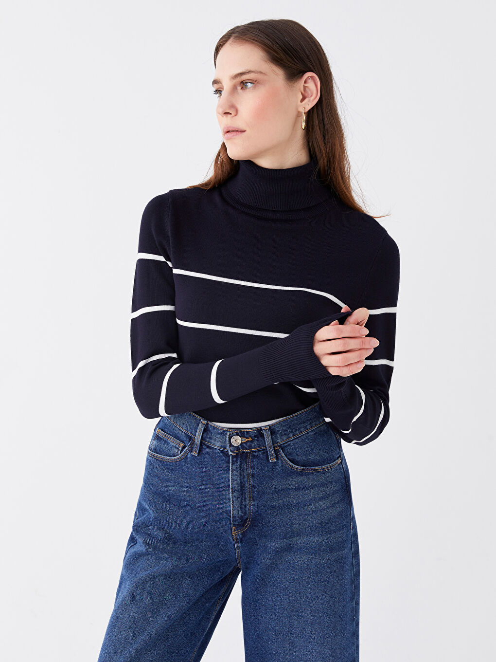 Pull-over en Tricot à Rayures à Manches Longues pour Femmes avec Col roulé