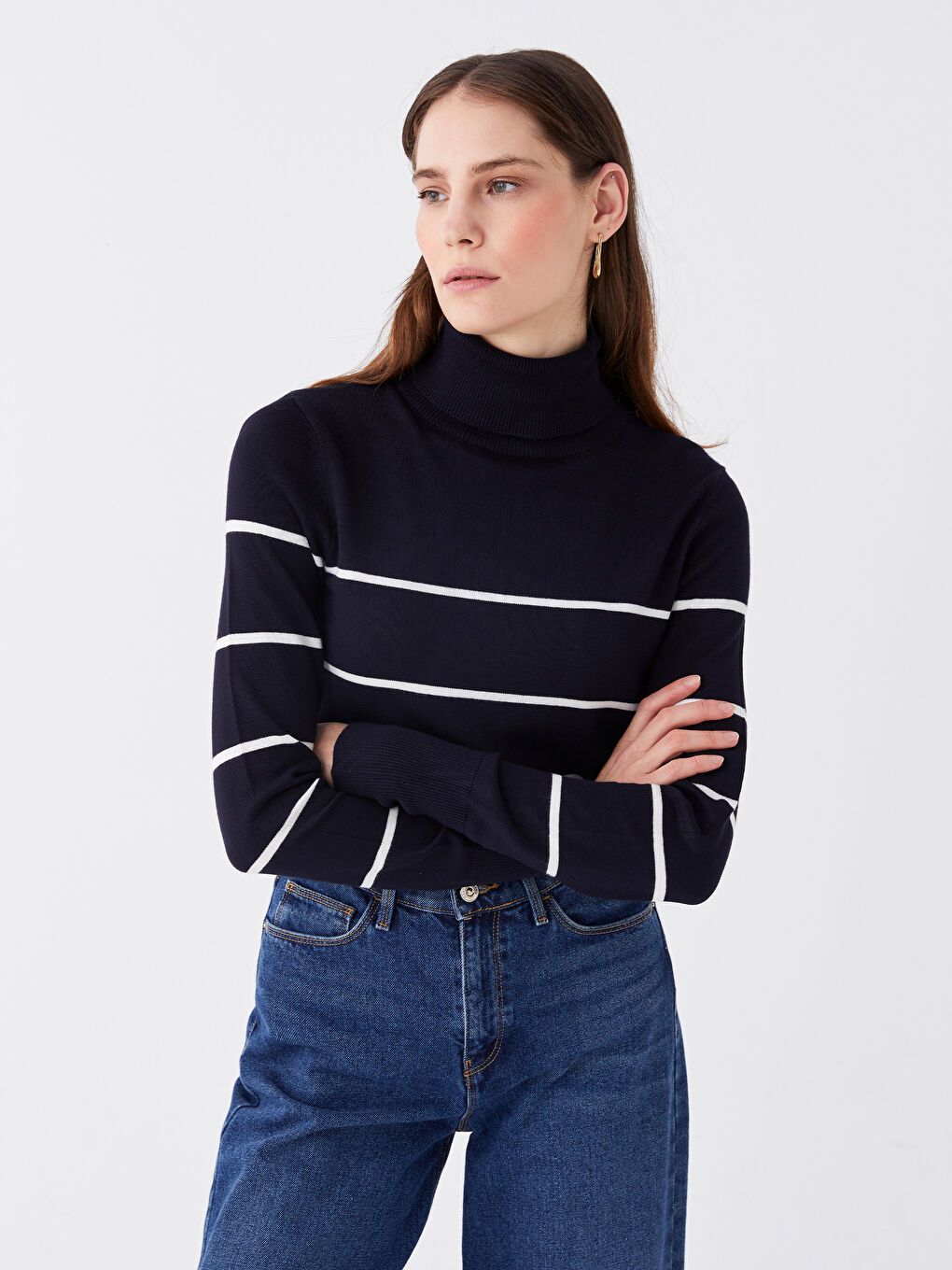 Pull-over en Tricot à Rayures à Manches Longues pour Femmes avec Col roulé-1