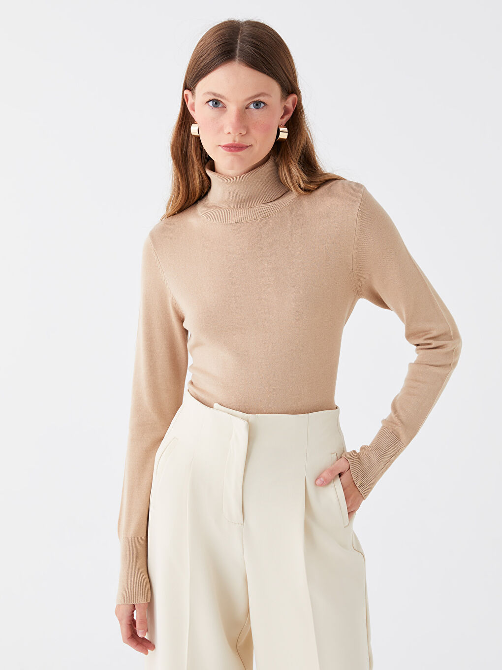 LCWAIKIKI Basic Pull-over Uni à Manches Longues pour Femmes en Tricot avec Col roulé -W37482Z8-GGL