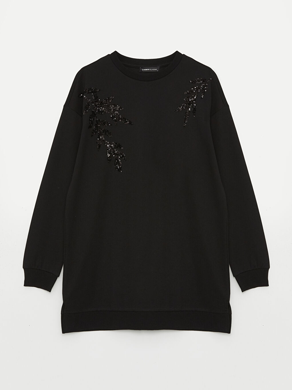 Siyah Bisiklet Yaka Payet İşlemeli Uzun Kollu Oversize Kadın Tunik-5