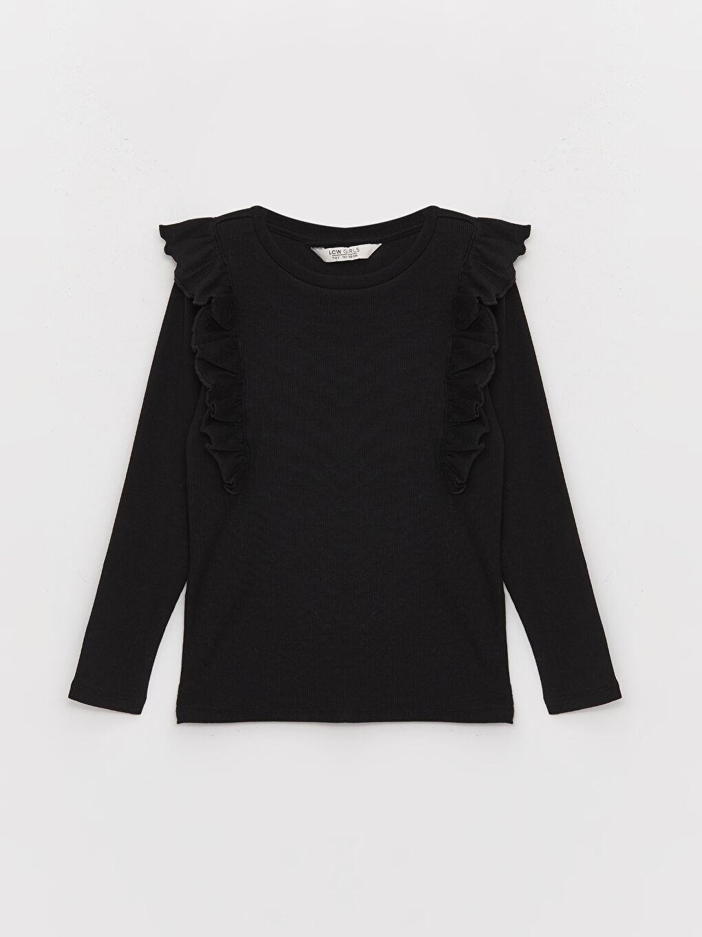 Дөңгелек жағалы бүрмелі ұзын жеңді қыз балалар футболкасы