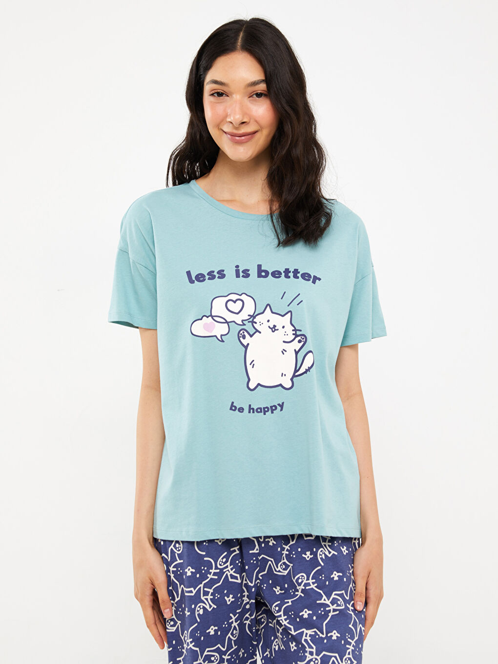 Mor Bisiklet Yaka Baskılı Kısa Kollu Kadın Pijama Takımı-1