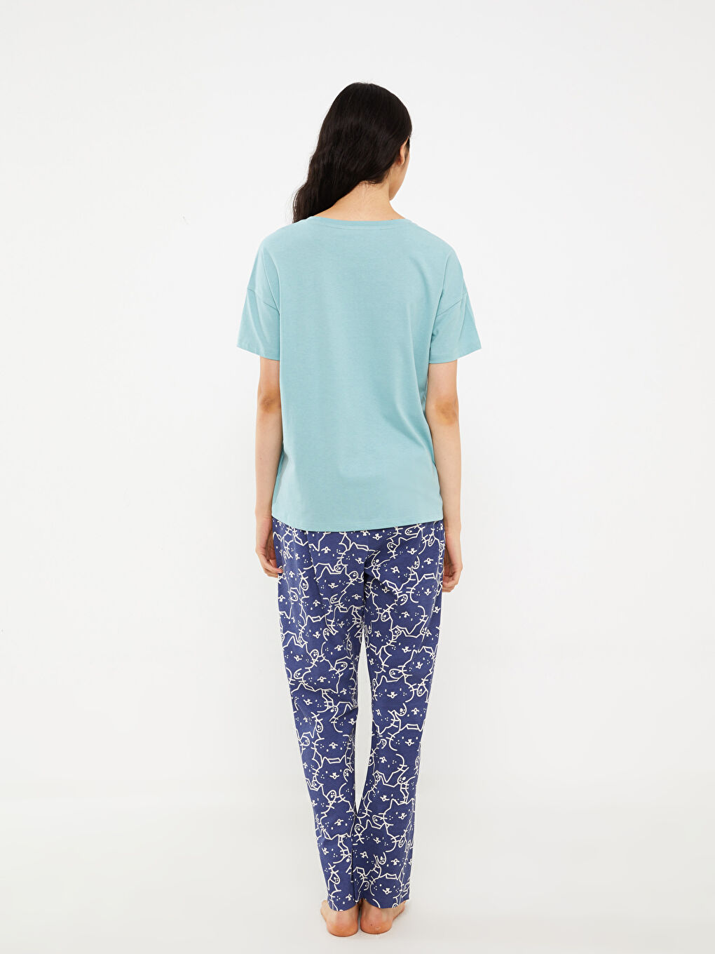 Mor Bisiklet Yaka Baskılı Kısa Kollu Kadın Pijama Takımı-4