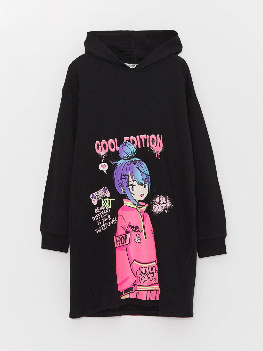 Rochie cu glugă, imprimată, mânecă lungă pentru fete