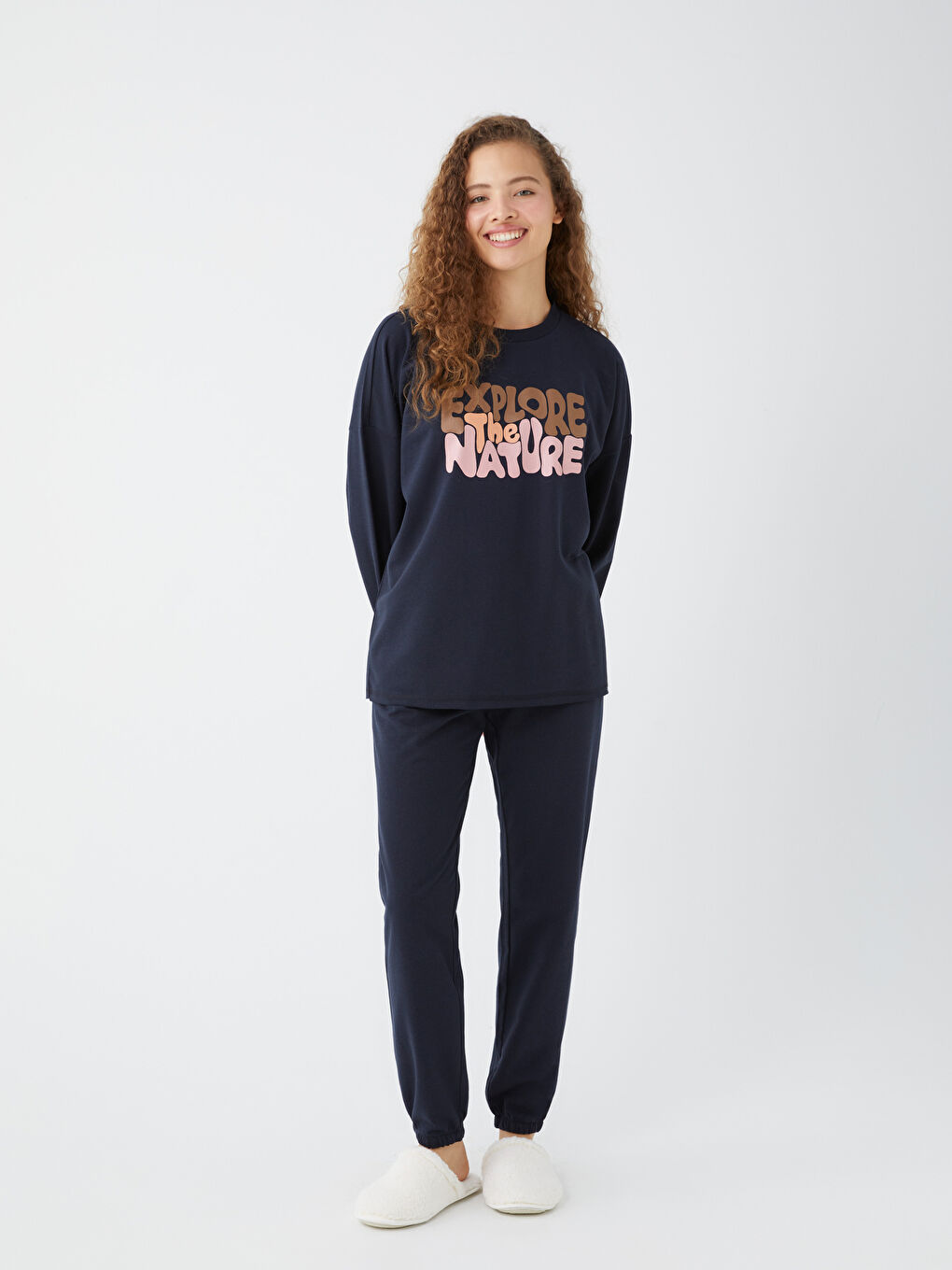 Set de pijama cu guler rotund, imprimat, mânecă lungă, pentru femei