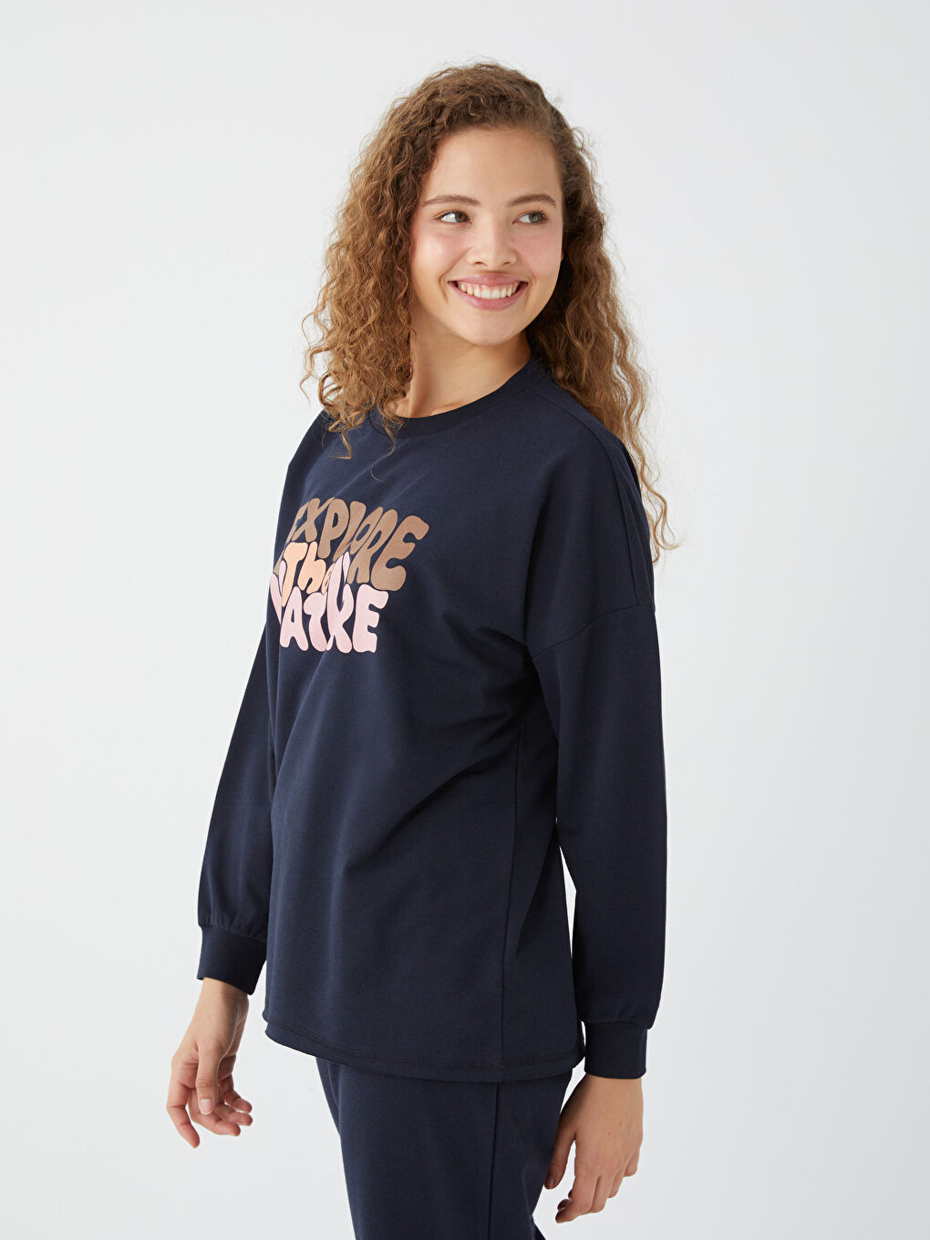 Set de pijama cu guler rotund, imprimat, mânecă lungă, pentru femei-1