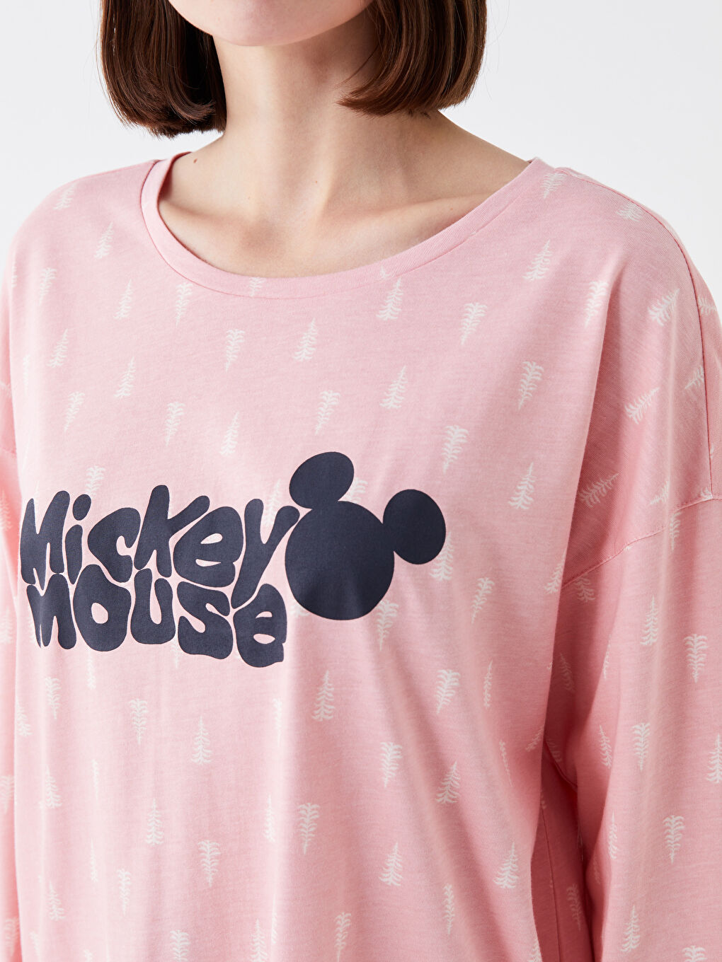 LCW DREAM Mat Pembe Baskılı Bisiklet Yaka Mickey Mouse Baskılı Uzun Kollu Kadın Pijama Takımı - 3