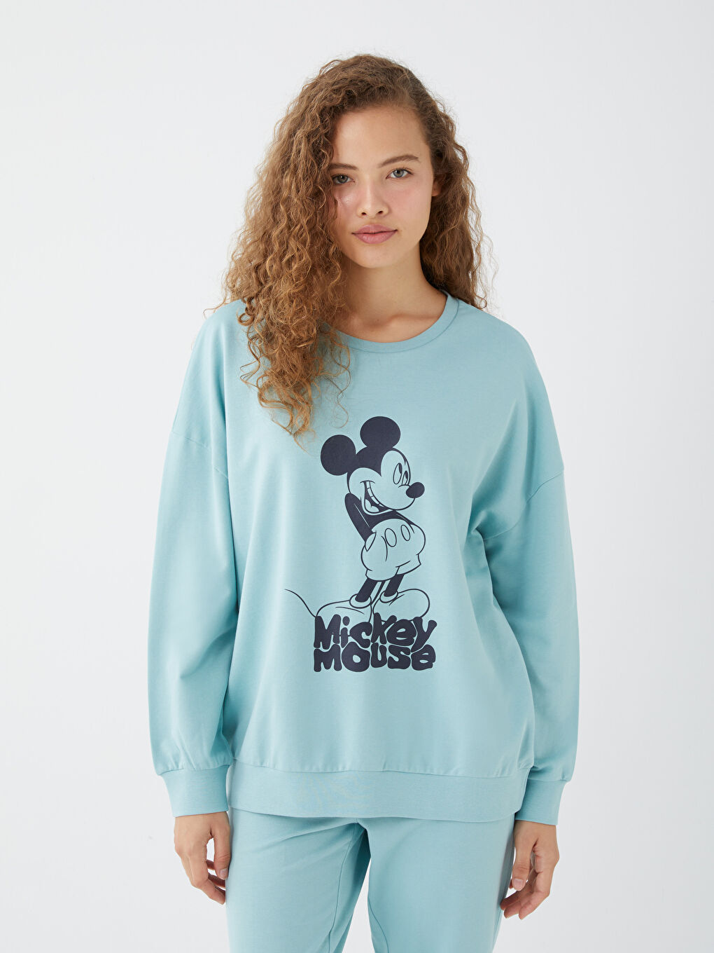 LCW DREAM Pastel Yeşil Bisiklet Yaka Mickey Mouse Baskılı Uzun Kollu Kadın Pijama Takımı - 1