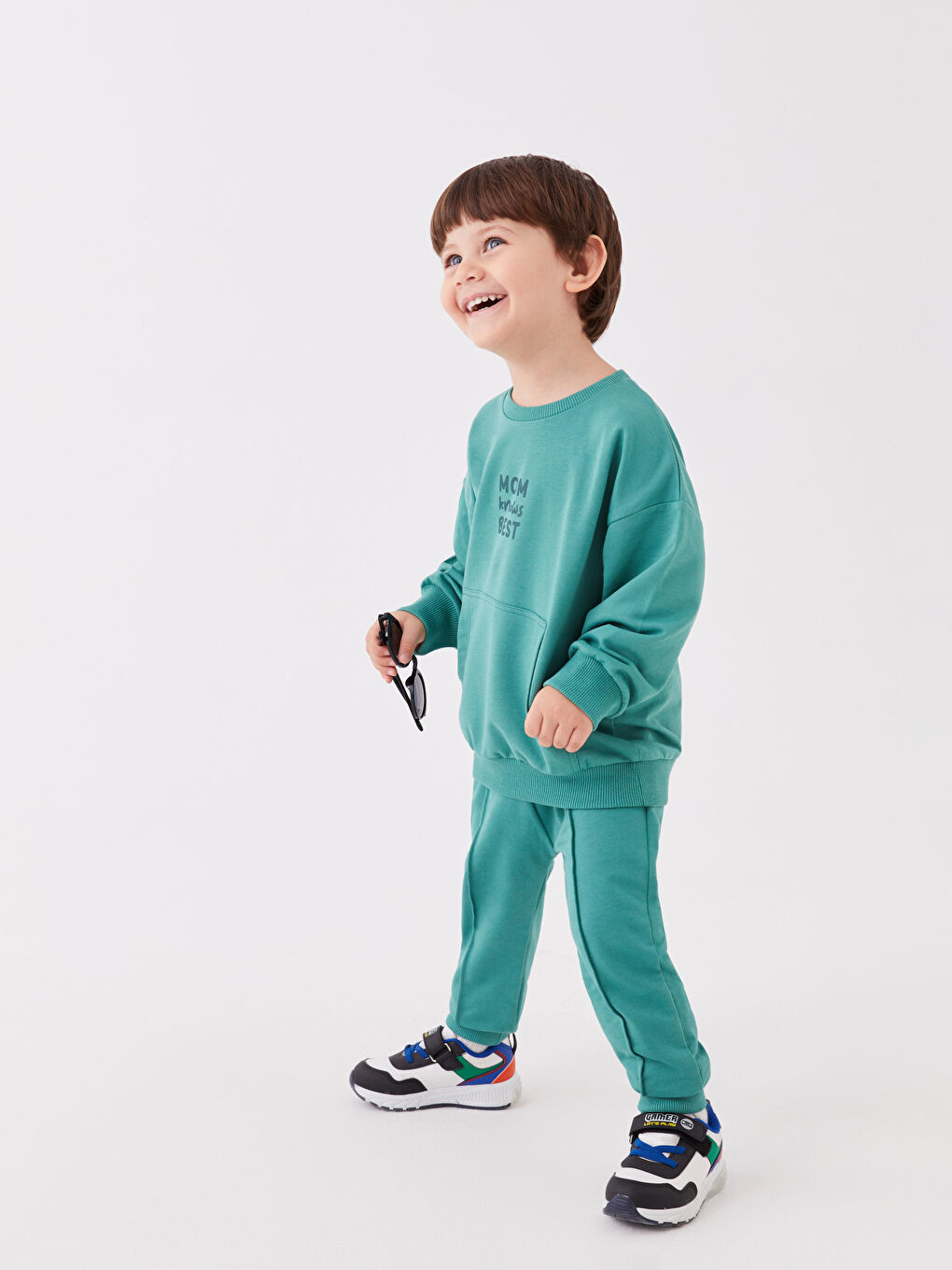 Yeşil Bisiklet Yaka Erkek Bebek Sweatshirt ve Eşofman Alt 2'li