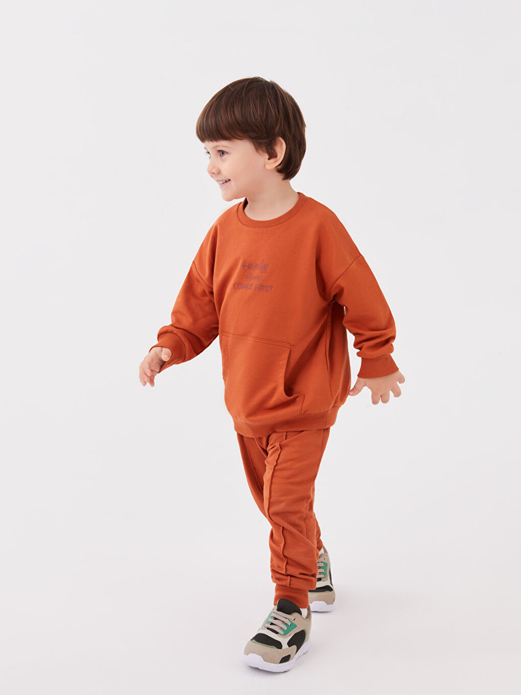 Turuncu Bisiklet Yaka Erkek Bebek Sweatshirt ve Eşofman Alt 2'li