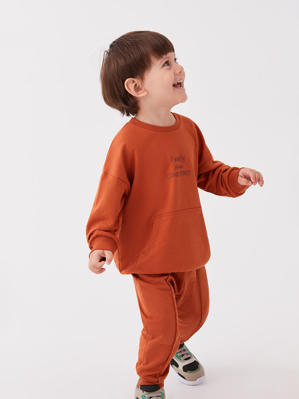 Turuncu Bisiklet Yaka Erkek Bebek Sweatshirt ve Eşofman Alt 2'li-1