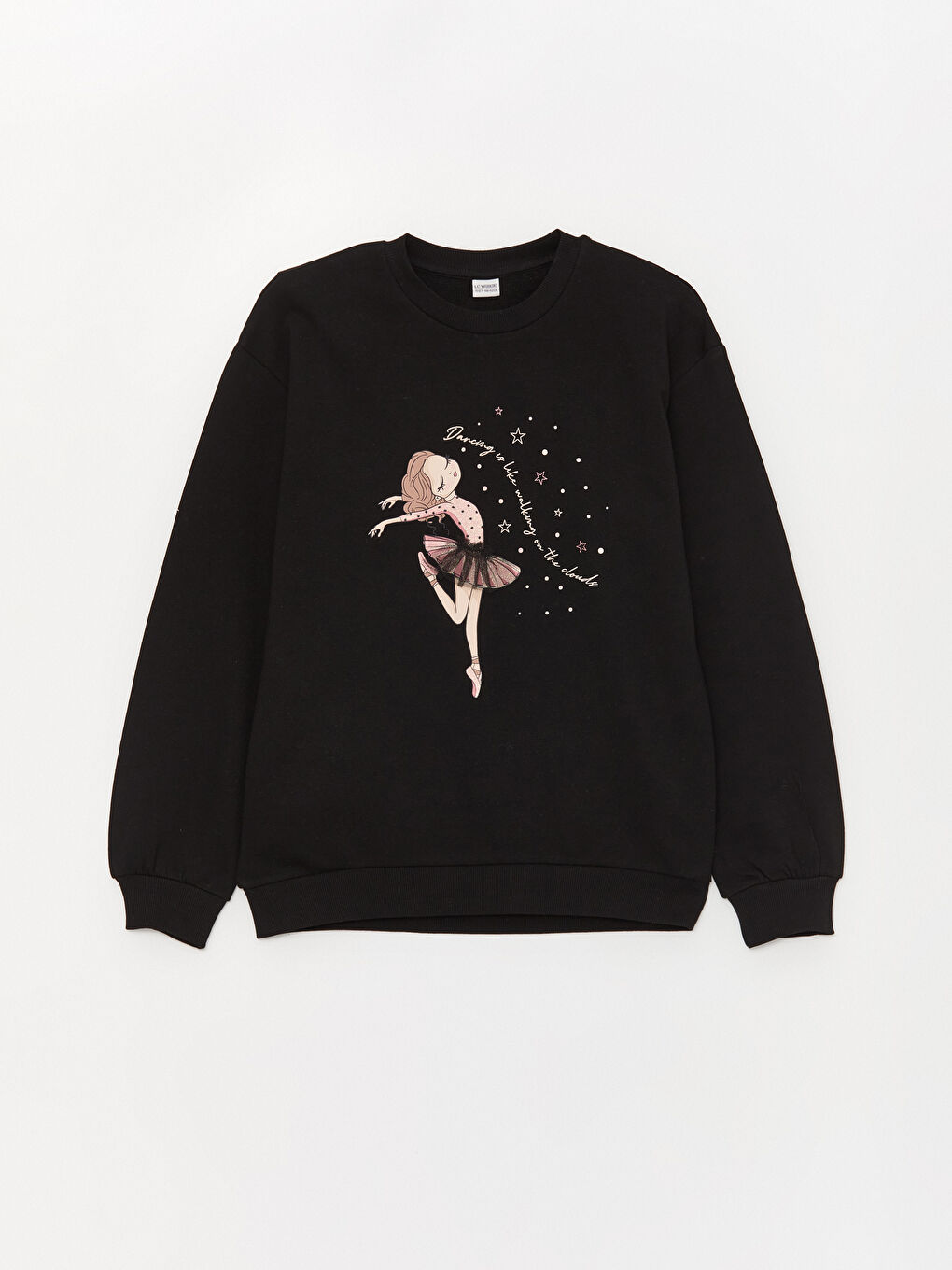 Siyah Bisiklet Yaka Baskılı Uzun Kollu Kız Çocuk Sweatshirt