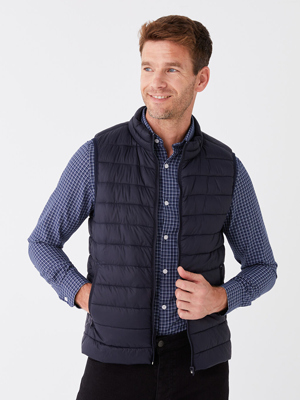 Lacivert Standart Kalıp Dik Yaka Erkek Şişme Yelek