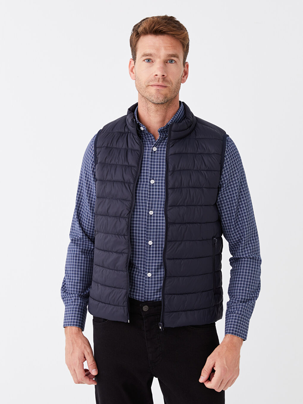 Lacivert Standart Kalıp Dik Yaka Erkek Şişme Yelek-1