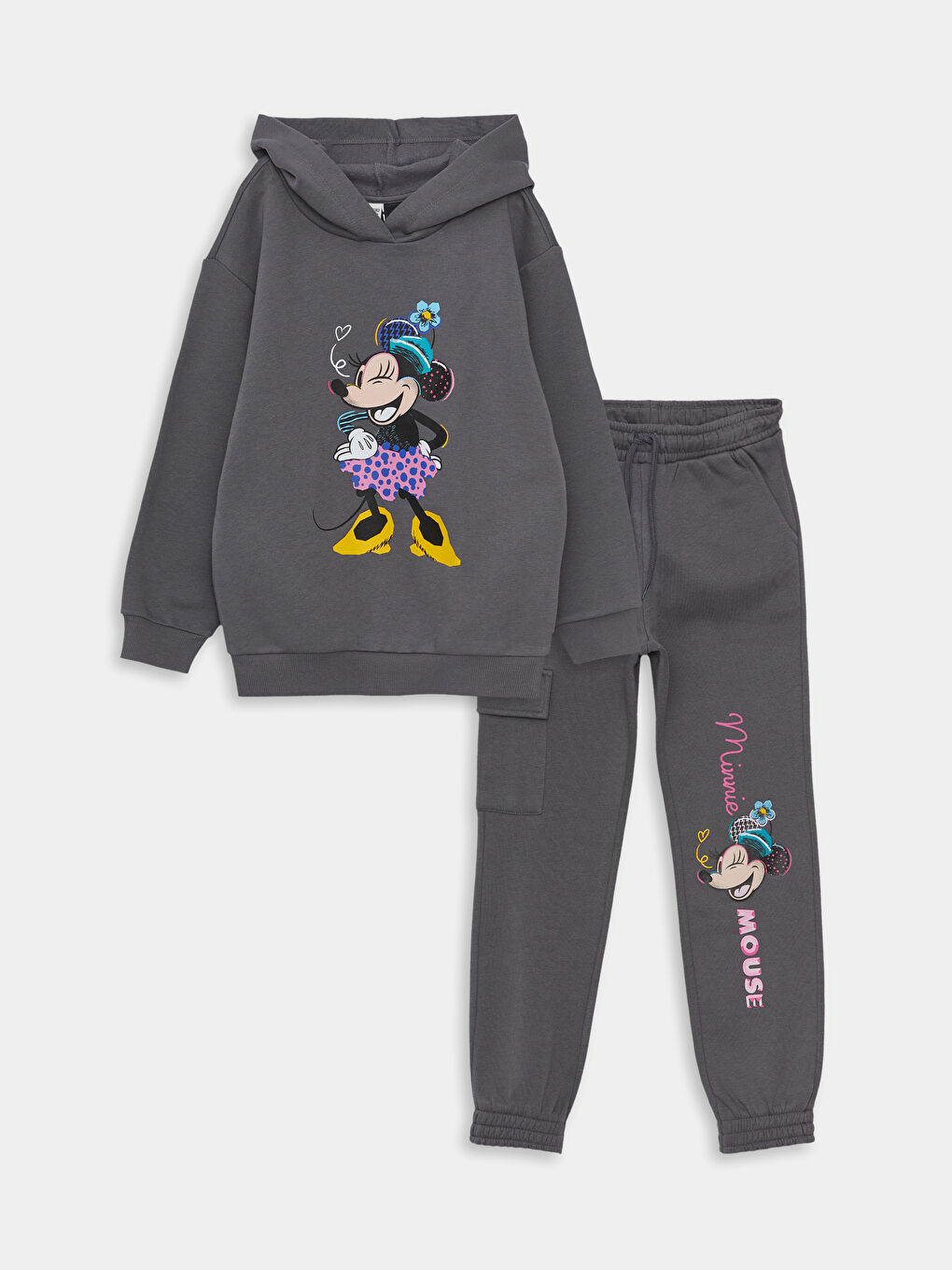 LCW Kids Gri Minnie Mouse Baskılı Kız Çocuk Hoodie ve Eşofman Altı