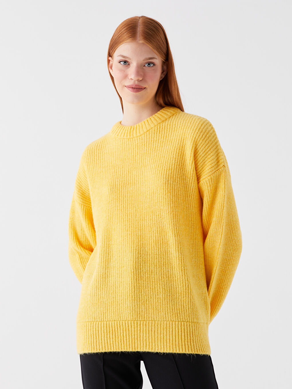 Sarı Bisiklet Yaka Kendinden Desenli Uzun Kollu Kadın Triko Kazak