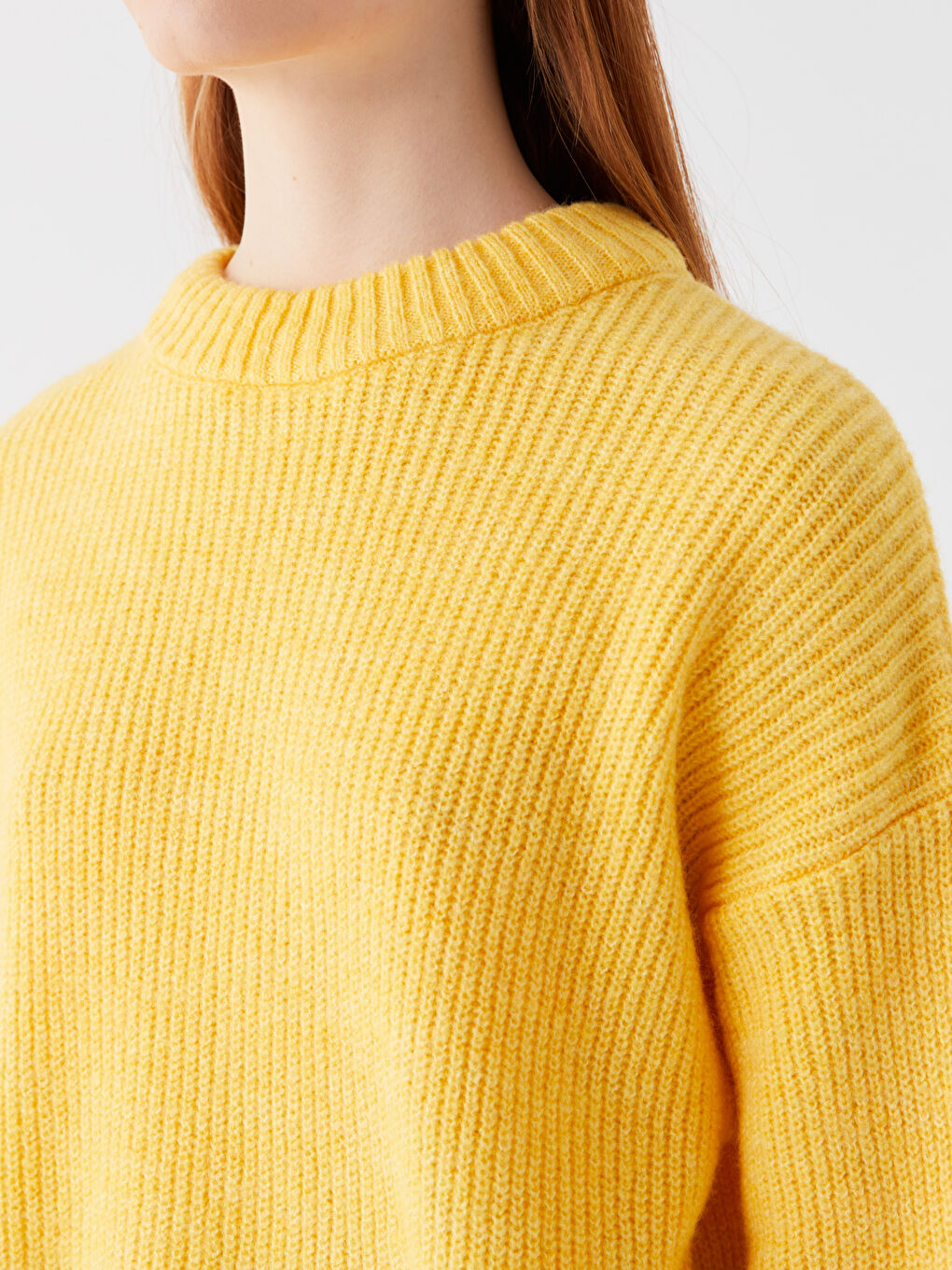 Sarı Bisiklet Yaka Kendinden Desenli Uzun Kollu Kadın Triko Kazak-3