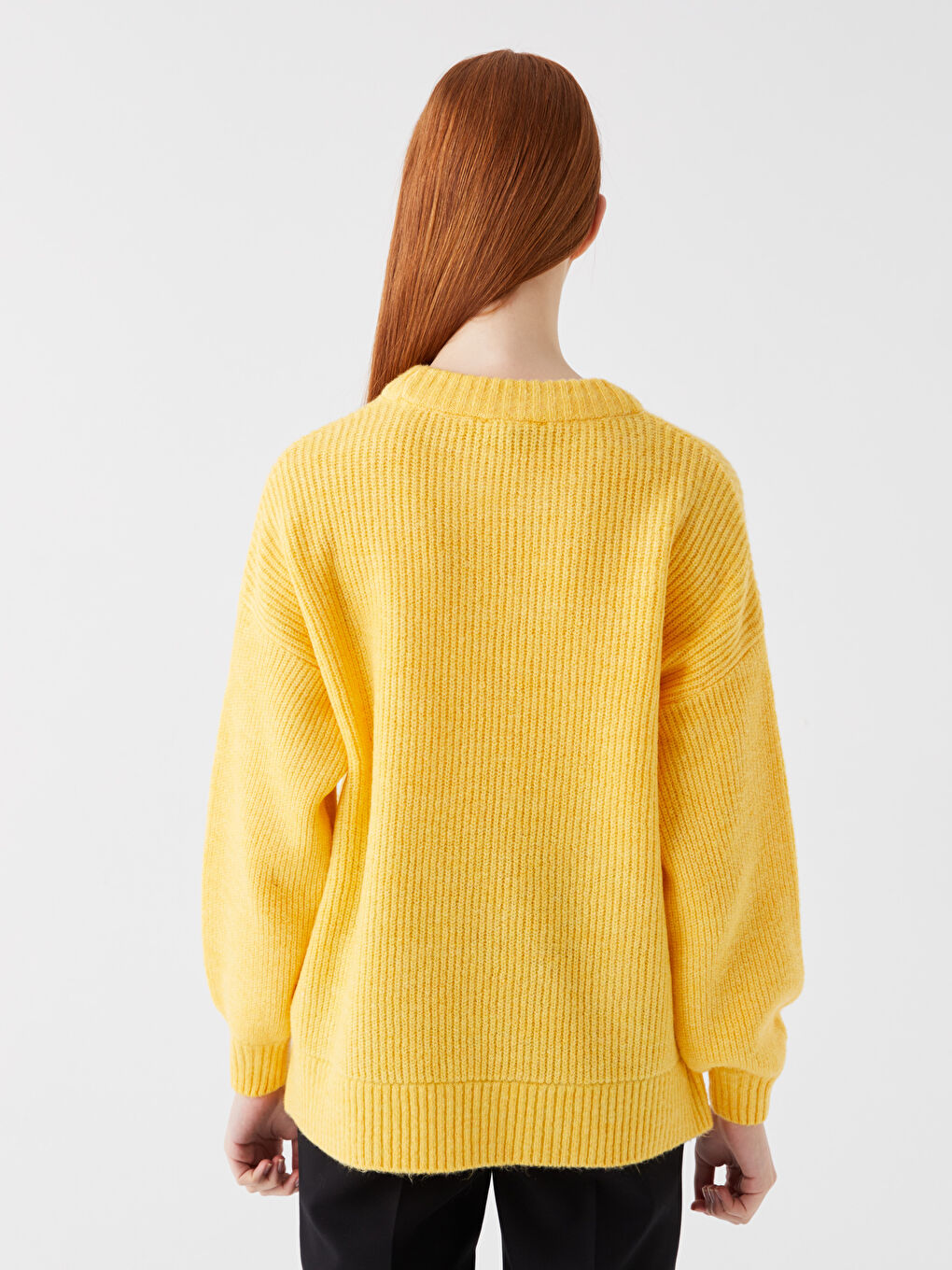 Sarı Bisiklet Yaka Kendinden Desenli Uzun Kollu Kadın Triko Kazak-4