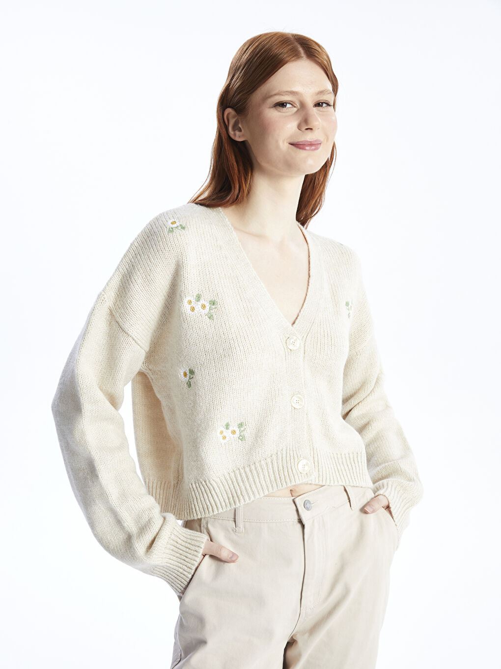 V Neck Embroidered Long Sleeve Women's Knitwear Cardigan