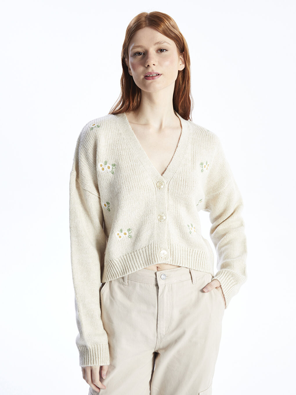 V Neck Embroidered Long Sleeve Women's Knitwear Cardigan-1