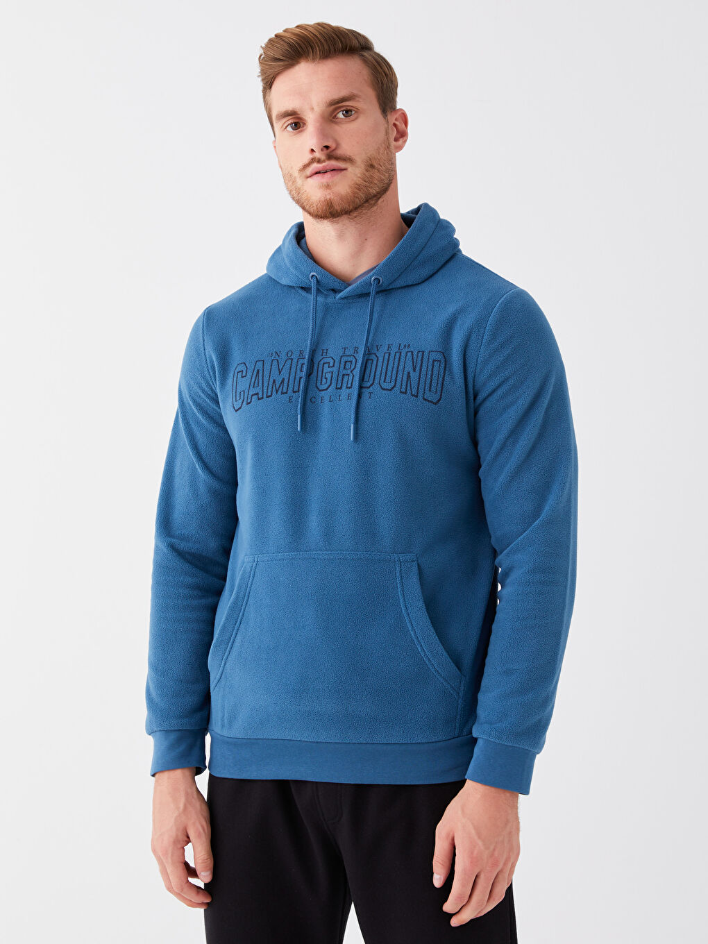 LCWAIKIKI Classic Mat Mavi Uzun Kollu Baskılı Polar Erkek Hoodie