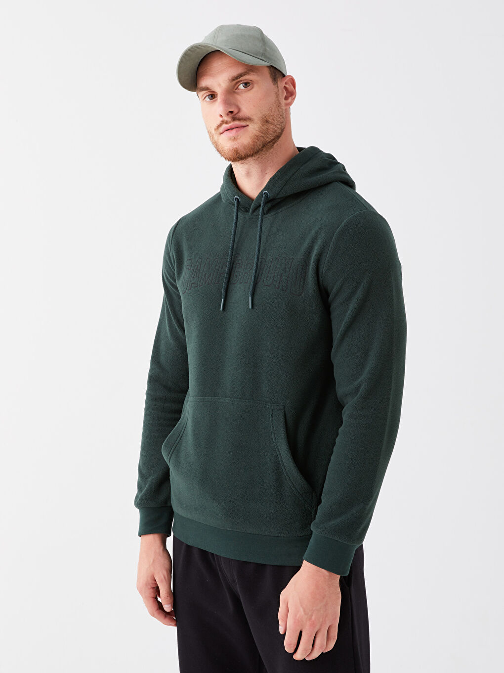 LCWAIKIKI Classic Koyu Yeşil Uzun Kollu Baskılı Polar Erkek Hoodie