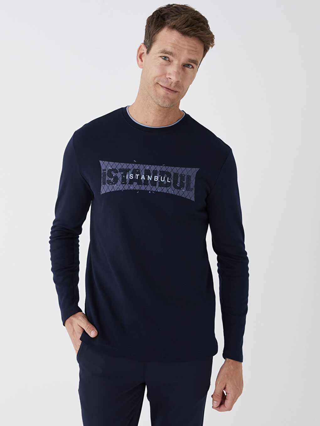 Lacivert Bisiklet Yaka Uzun Kollu Baskılı Erkek Sweatshirt