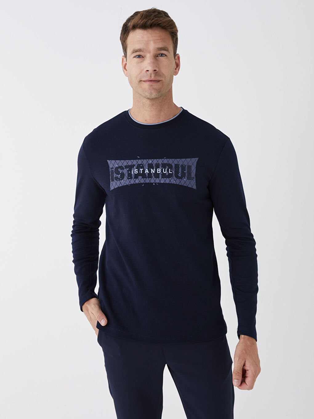 Lacivert Bisiklet Yaka Uzun Kollu Baskılı Erkek Sweatshirt-2