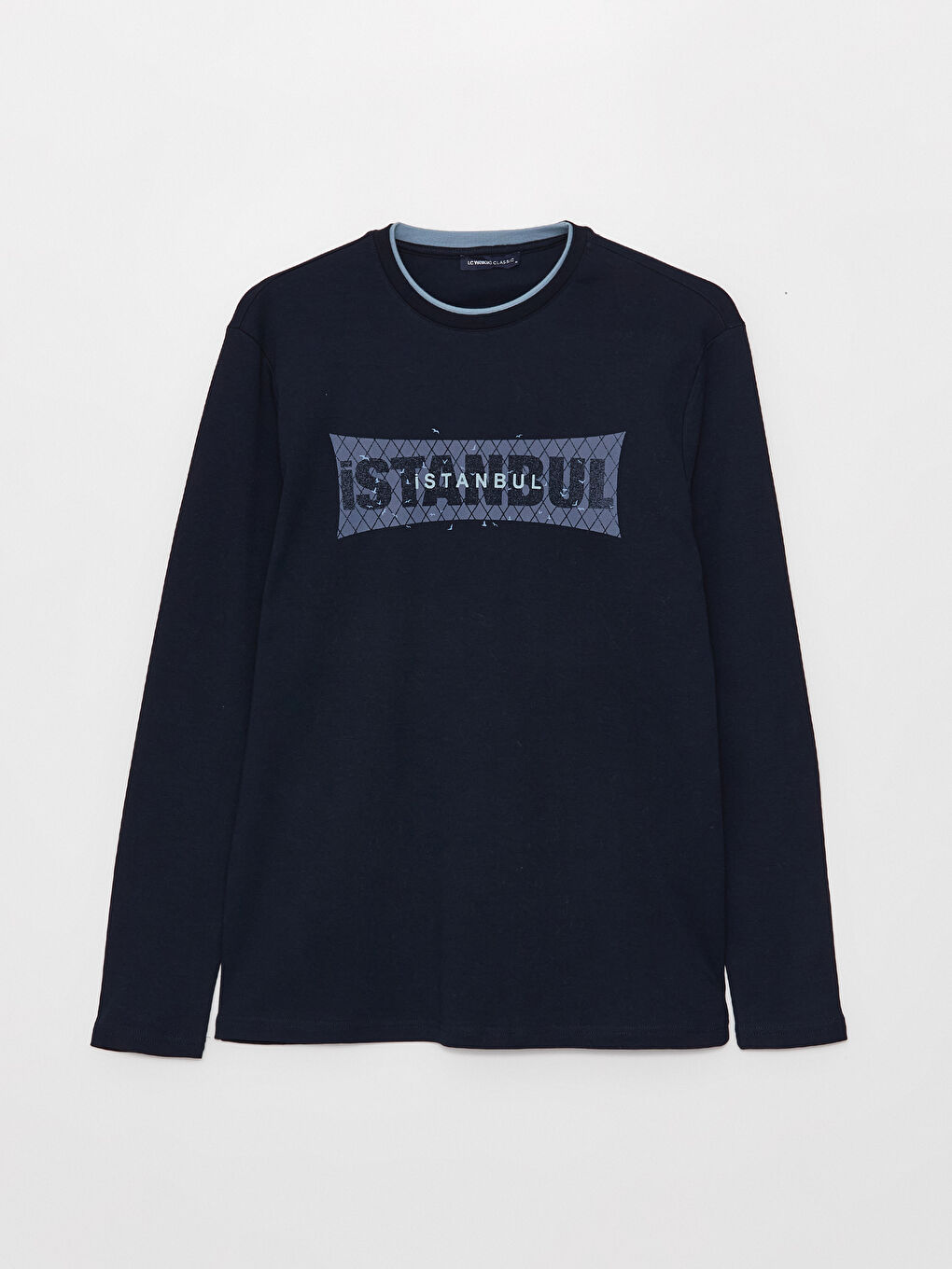 Lacivert Bisiklet Yaka Uzun Kollu Baskılı Erkek Sweatshirt-5