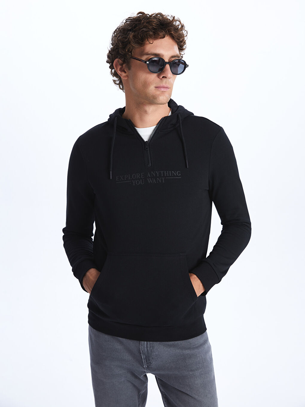 LCWAIKIKI Classic Yeni Siyah Uzun Kollu Baskılı Erkek Hoodie