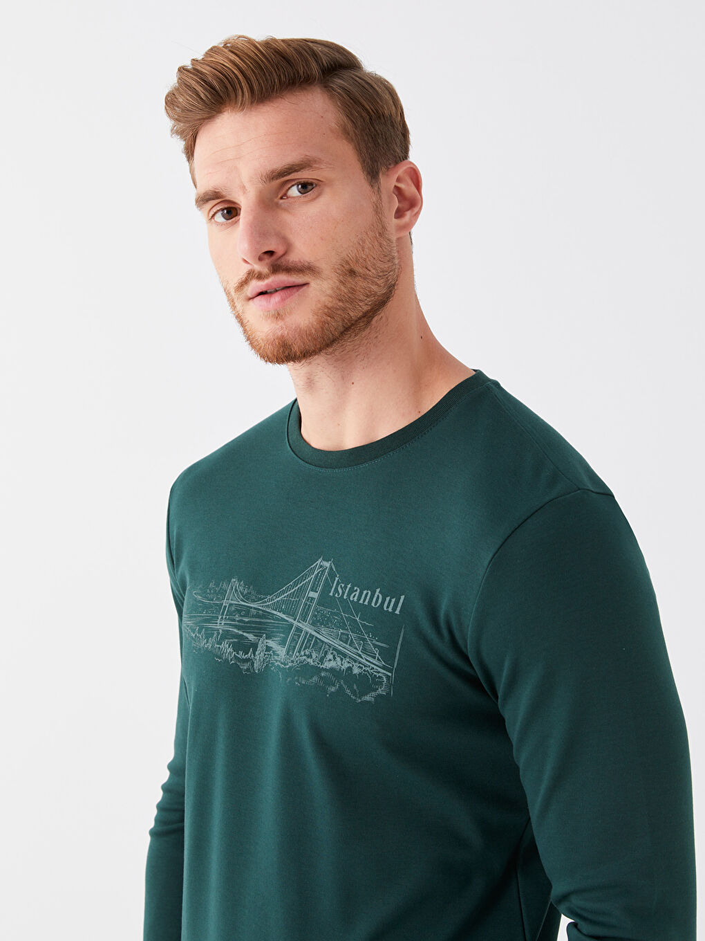 LCWAIKIKI Classic Yeşil Bisiklet Yaka Uzun Kollu Baskılı Erkek Sweatshirt