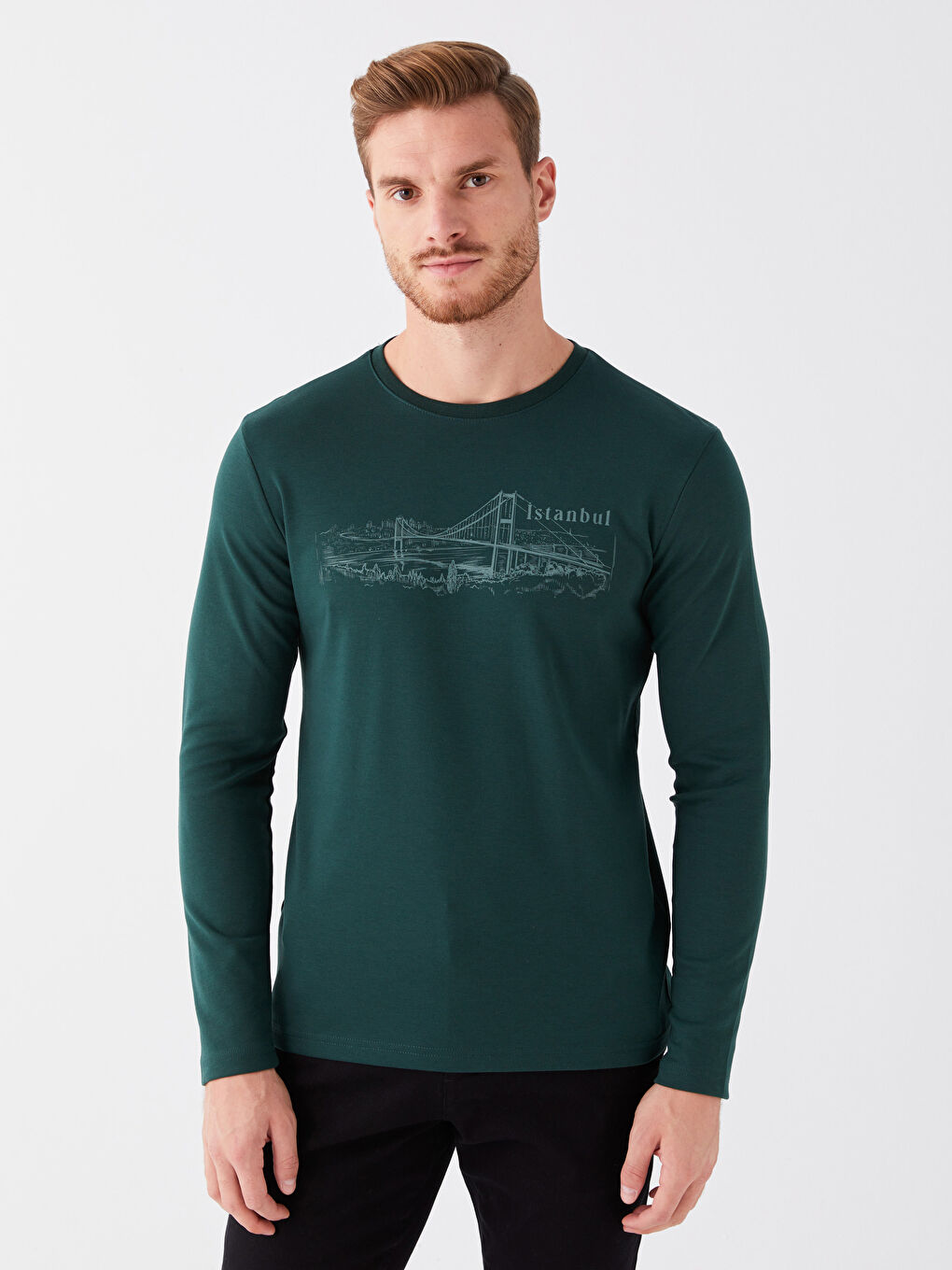 LCWAIKIKI Classic Yeşil Bisiklet Yaka Uzun Kollu Baskılı Erkek Sweatshirt - 1