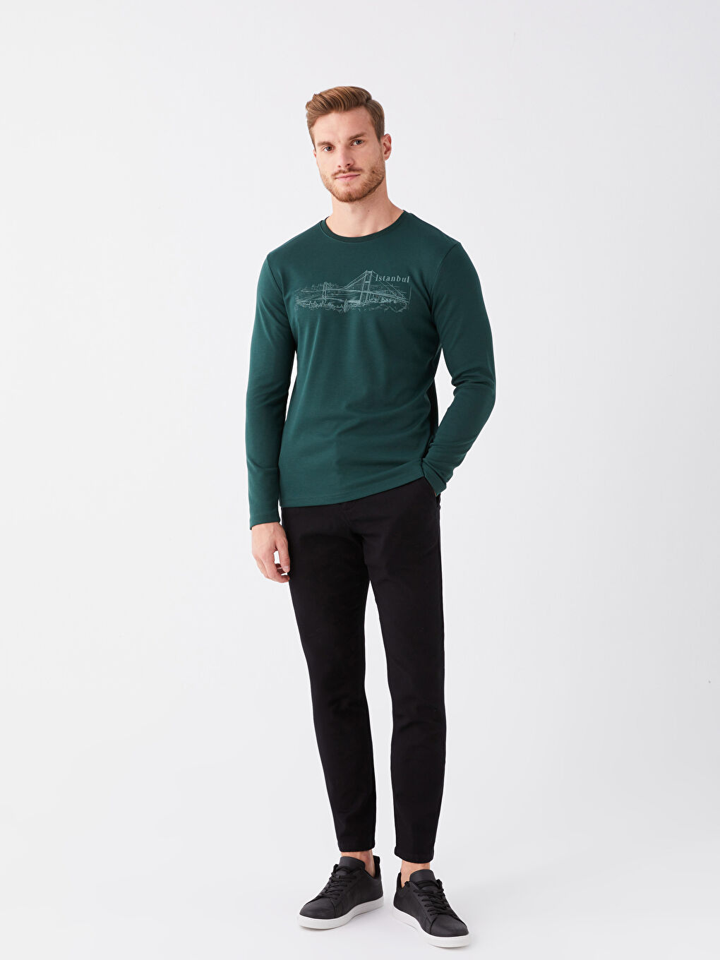 LCWAIKIKI Classic Yeşil Bisiklet Yaka Uzun Kollu Baskılı Erkek Sweatshirt - 2