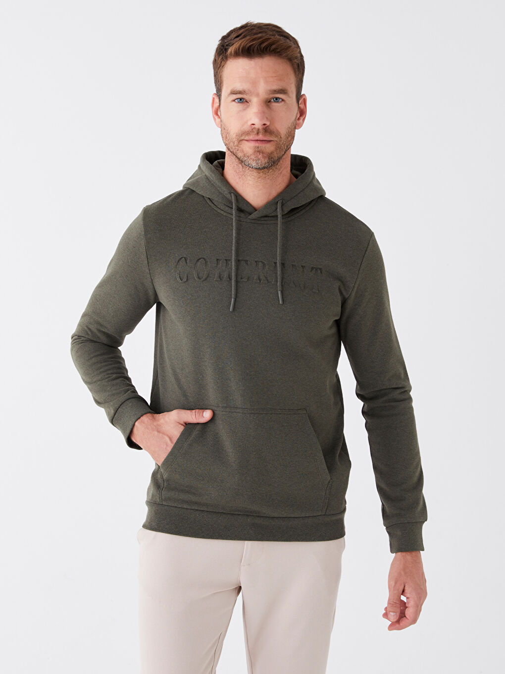 LCWAIKIKI Classic Haki Melanj Uzun Kollu Baskılı Erkek Hoodie